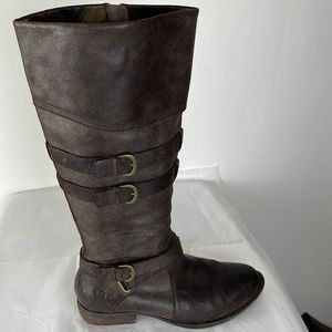 Born Brown Distressed Knee High Buckle Riding Boots